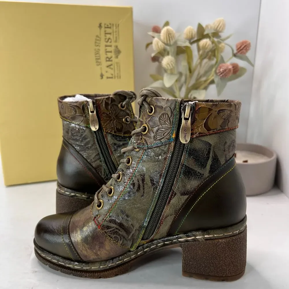 L'Artiste by Spring Step Fallinluv Leather Boot Olive Multi Women 4.5-5 NWB